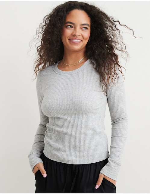 Playera manga larga Aerie Tee cuello redondo para mujer