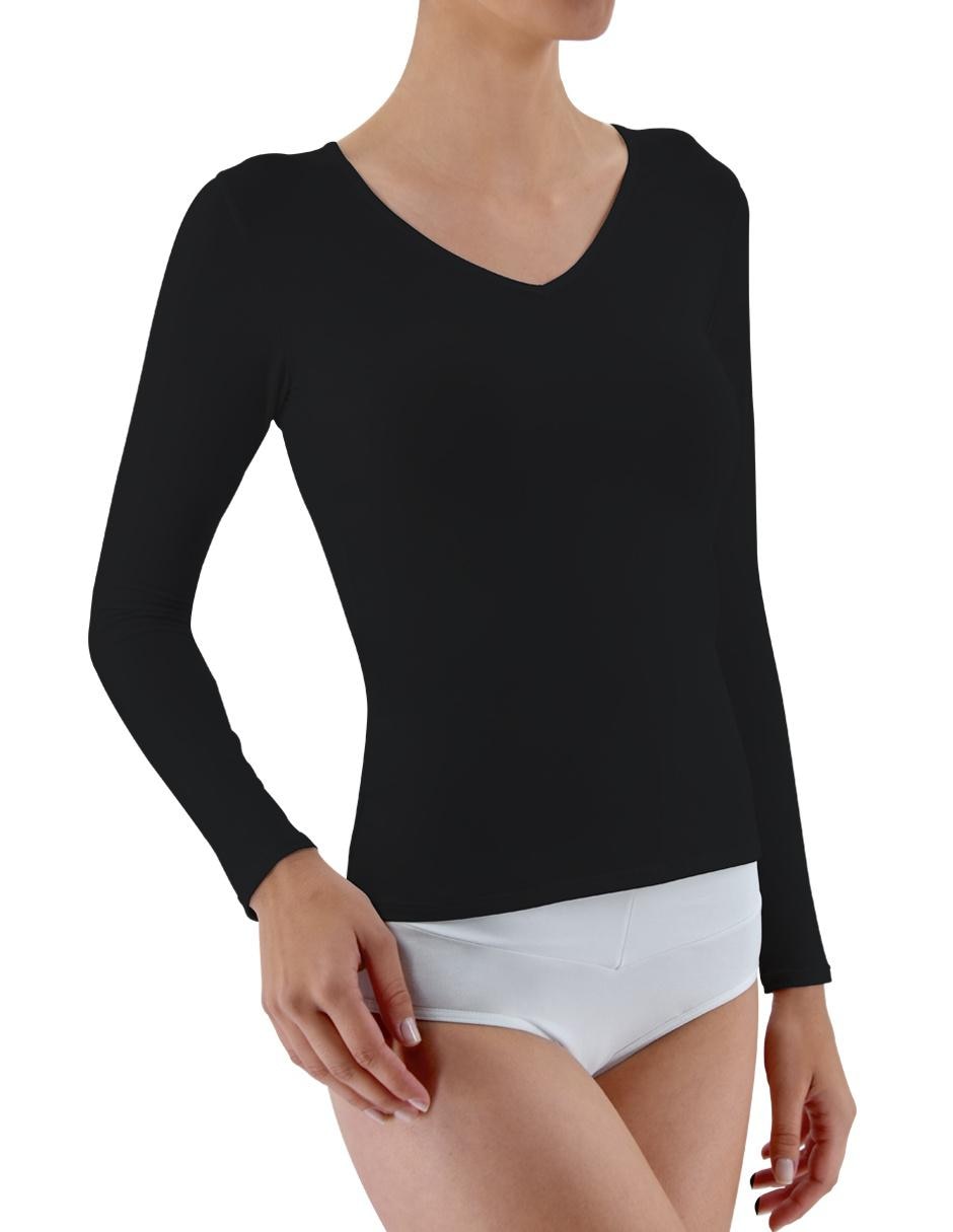 Playera manga larga cuello V para mujer