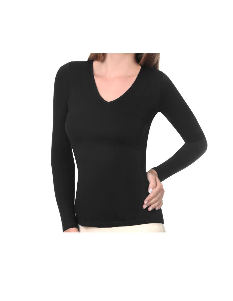 Playera manga larga cuello V para mujer 4