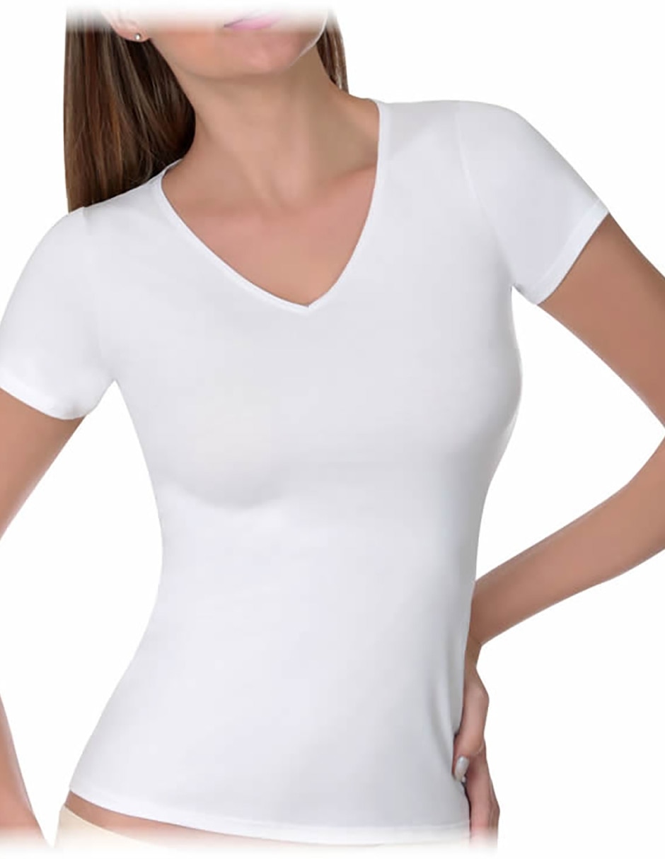 Playera manga corta cuello V para mujer